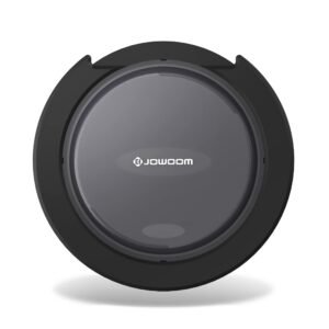 Black and gray JOWOOM robotic vacuum cleaner, circular design, top view