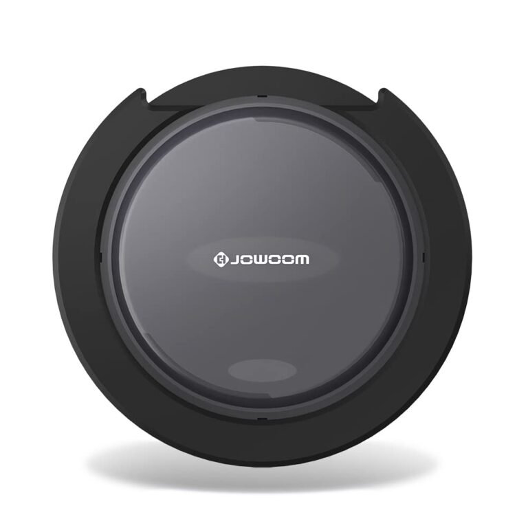 Black and gray JOWOOM robotic vacuum cleaner, circular design, top view