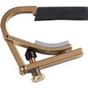 Gold-colored guitar capo with black rubber and a screw adjustment
