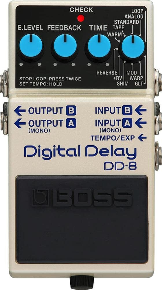 Boss DD-8 Digital Delay guitar effects pedal with blue knobs and black base