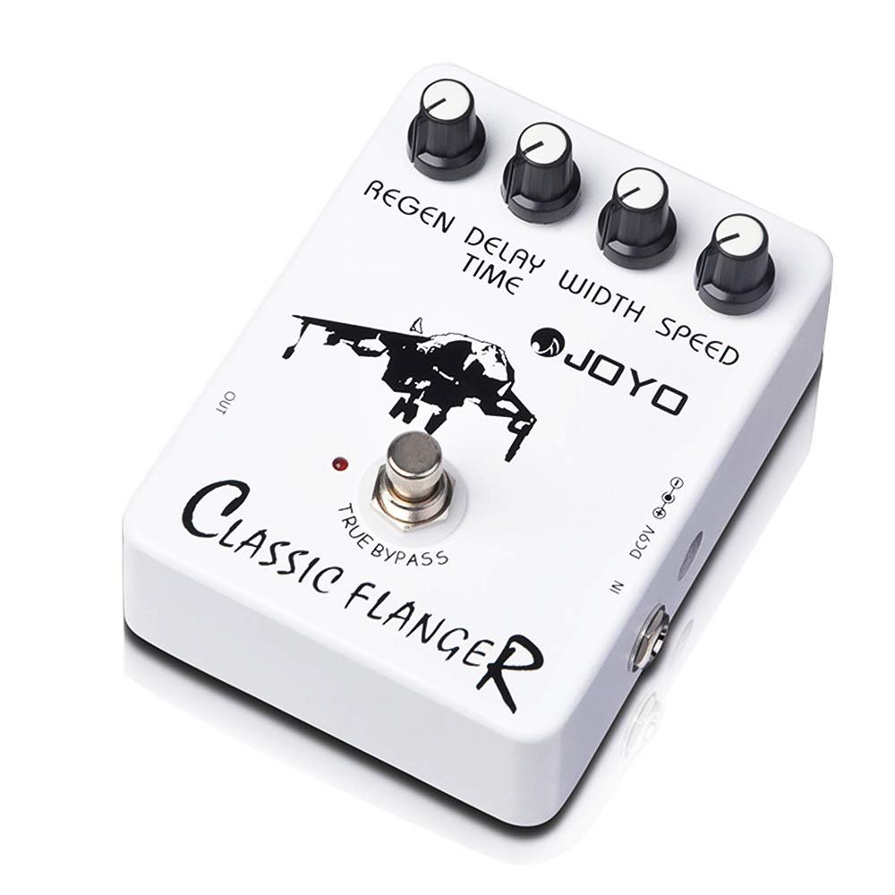 White Joyo Classic Flanger guitar effects pedal with four control knobs