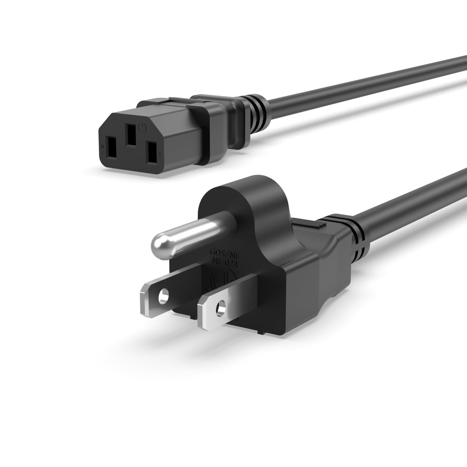 Black power cord with a three-prong plug and a three-hole connector