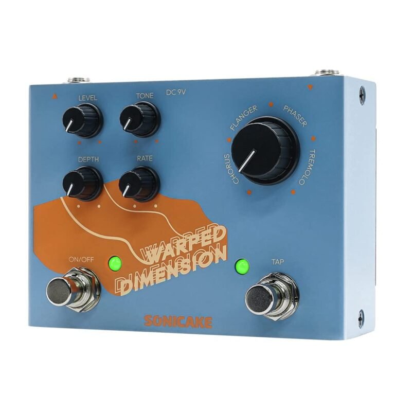 Blue "Warped Dimension" guitar effects pedal with knobs and footswitches