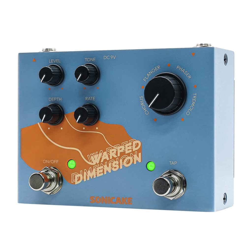 Blue "Warped Dimension" guitar effects pedal with knobs and footswitches