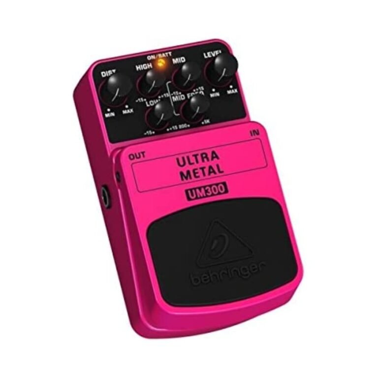 Pink Behringer Ultra Metal UM300 guitar effects pedal with knobs and controls