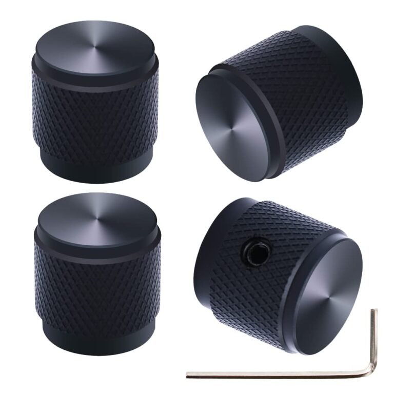 Four black metal knobs with textured sides and an Allen wrench