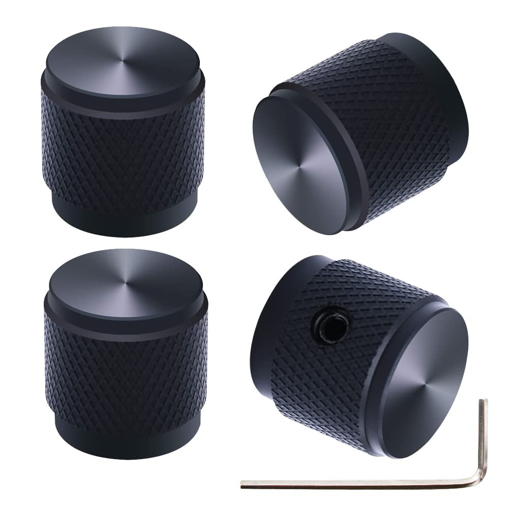 Four black metal knobs with textured sides and an Allen wrench