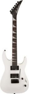 White Jackson electric guitar with black hardware and fretboard inlays