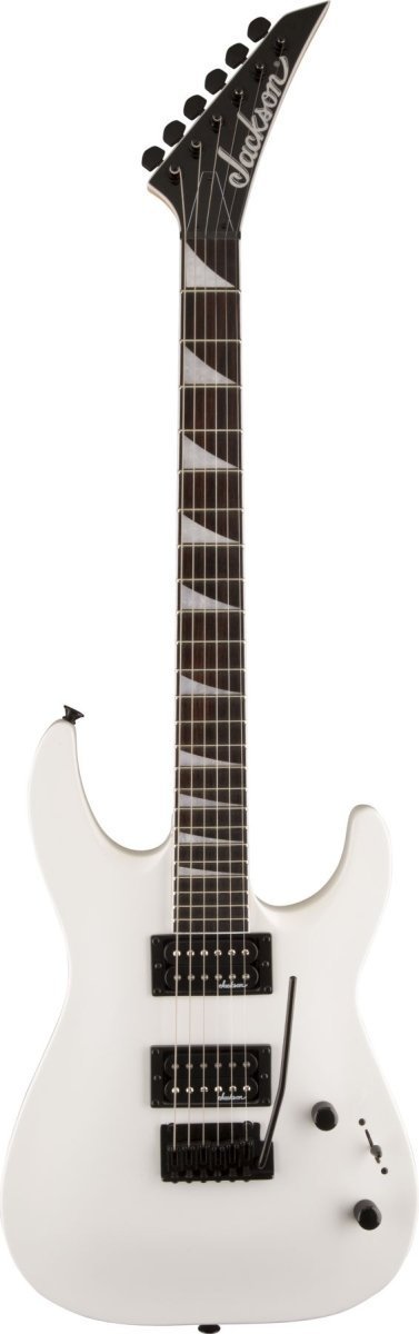 White Jackson electric guitar with black hardware and fretboard inlays