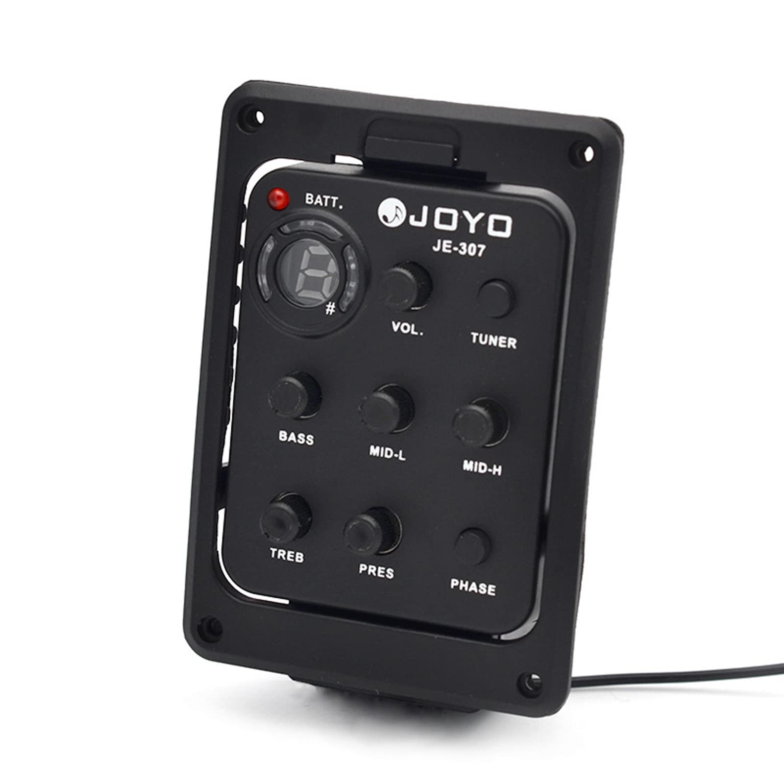 Black JOYO JE-307 guitar preamp with tuner, volume, and tone controls