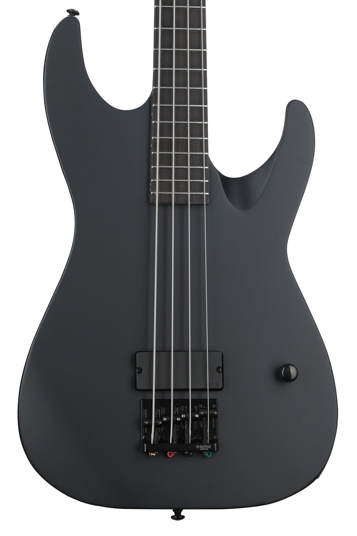 Black electric bass guitar with four strings, close-up shot