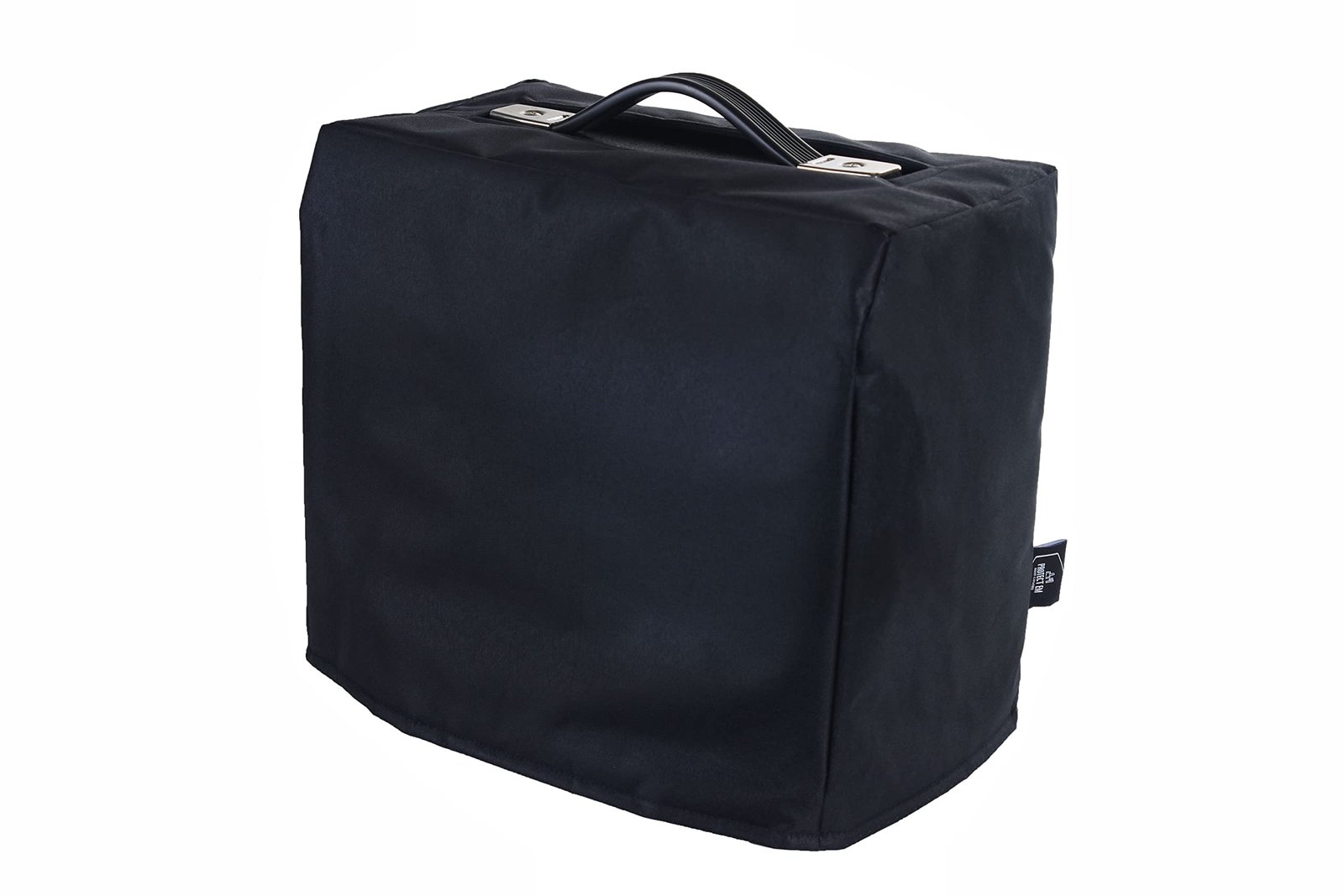Black rectangular amplifier cover with a handle and a tag
