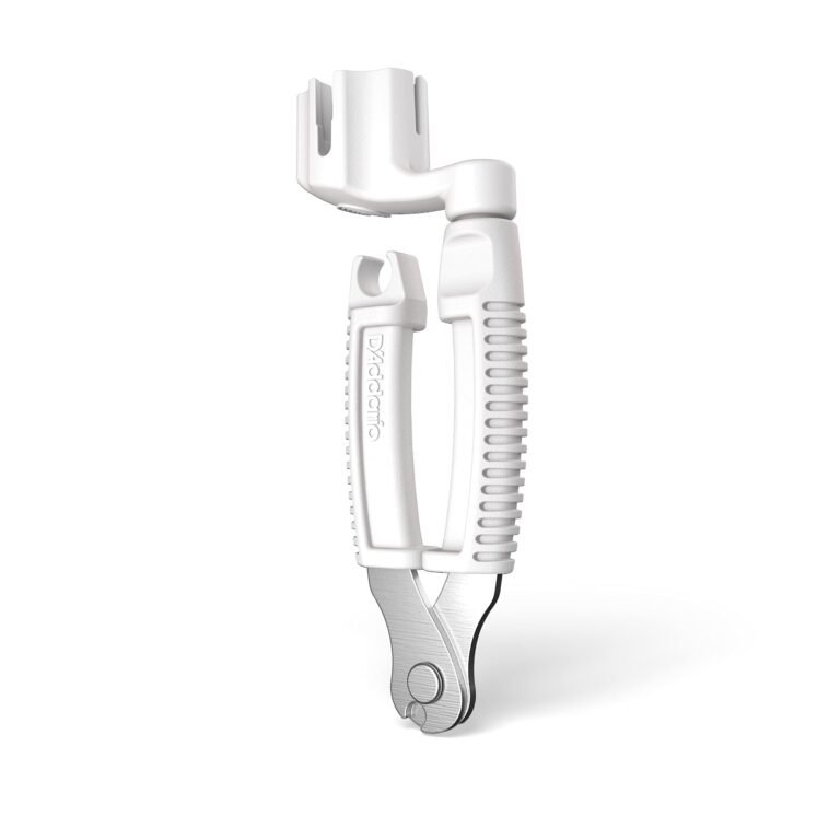 White D'Addario guitar string winder and cutter tool on a white background