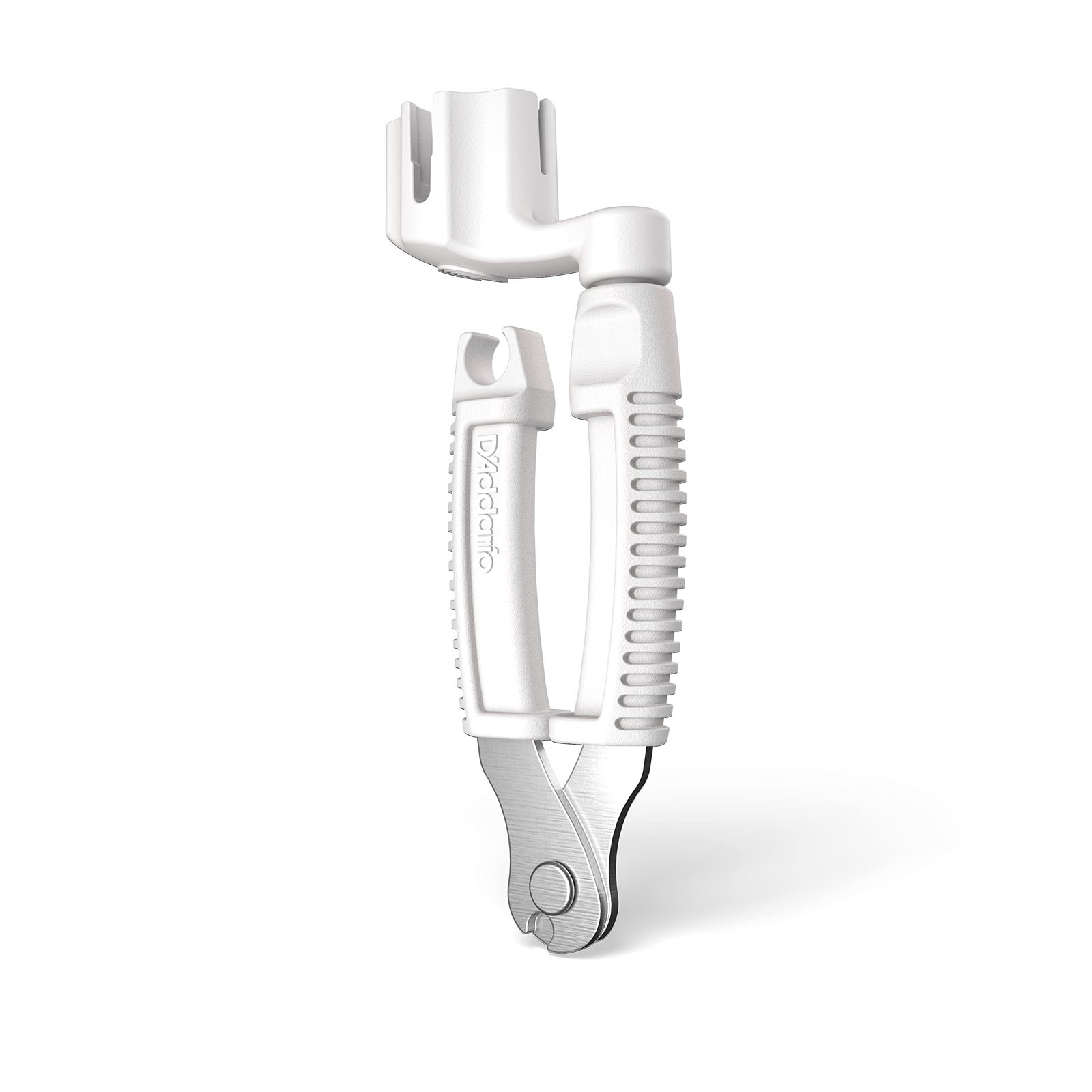 White D'Addario guitar string winder and cutter tool on a white background