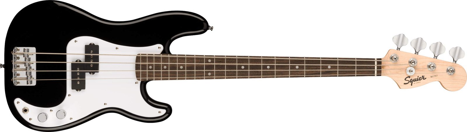 Black and white Squier Mini bass guitar with four strings and tuning pegs