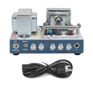 Blue and patterned guitar amplifier with vacuum tubes and power cable