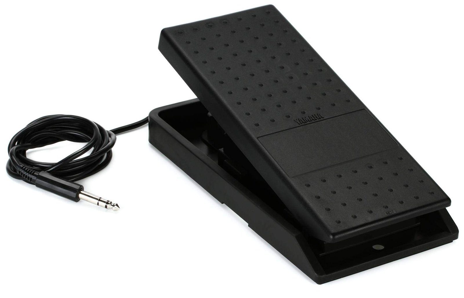 Black Yamaha sustain pedal with a coiled cable and plug