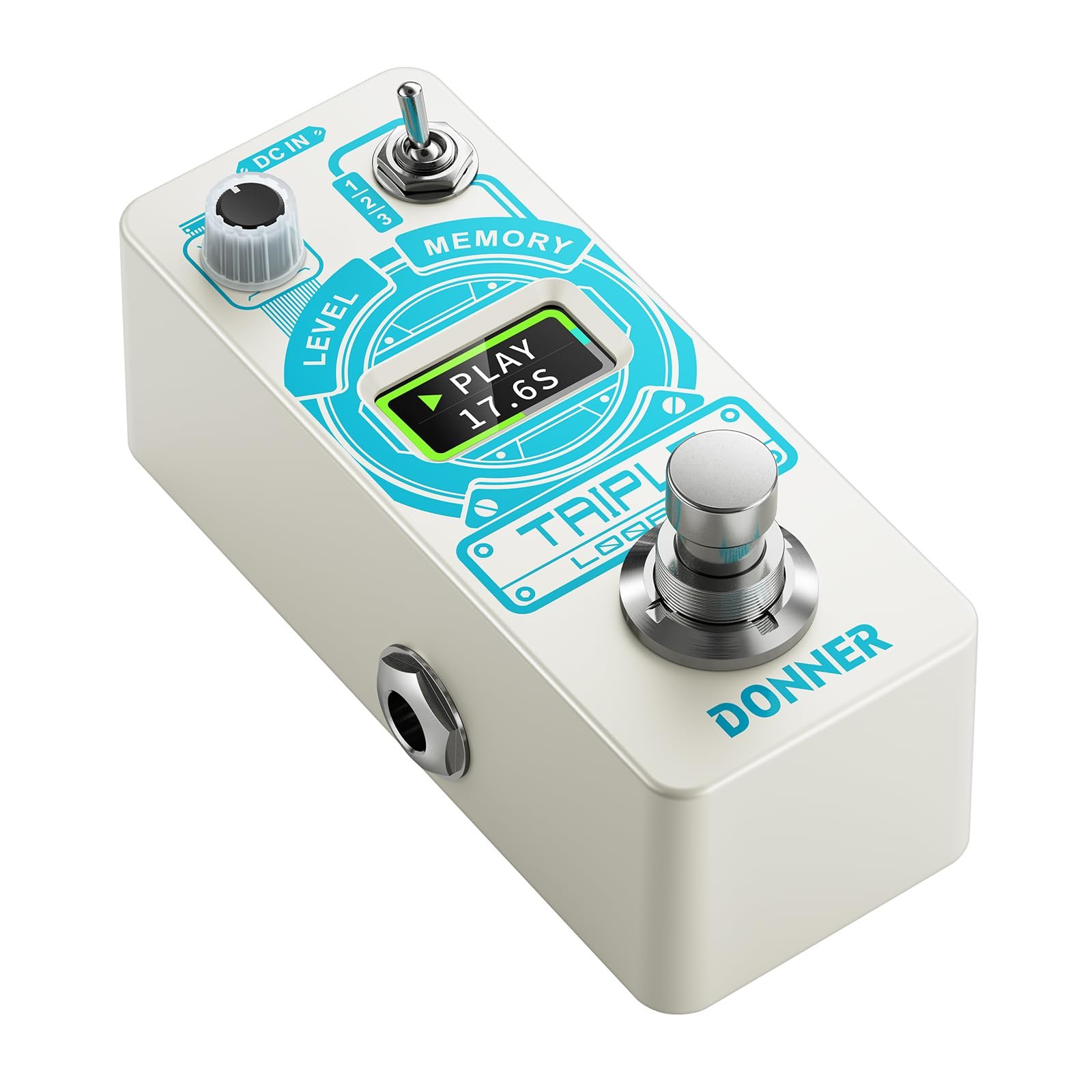 White Donner Triple Looper pedal with display showing "Play 17.6S"