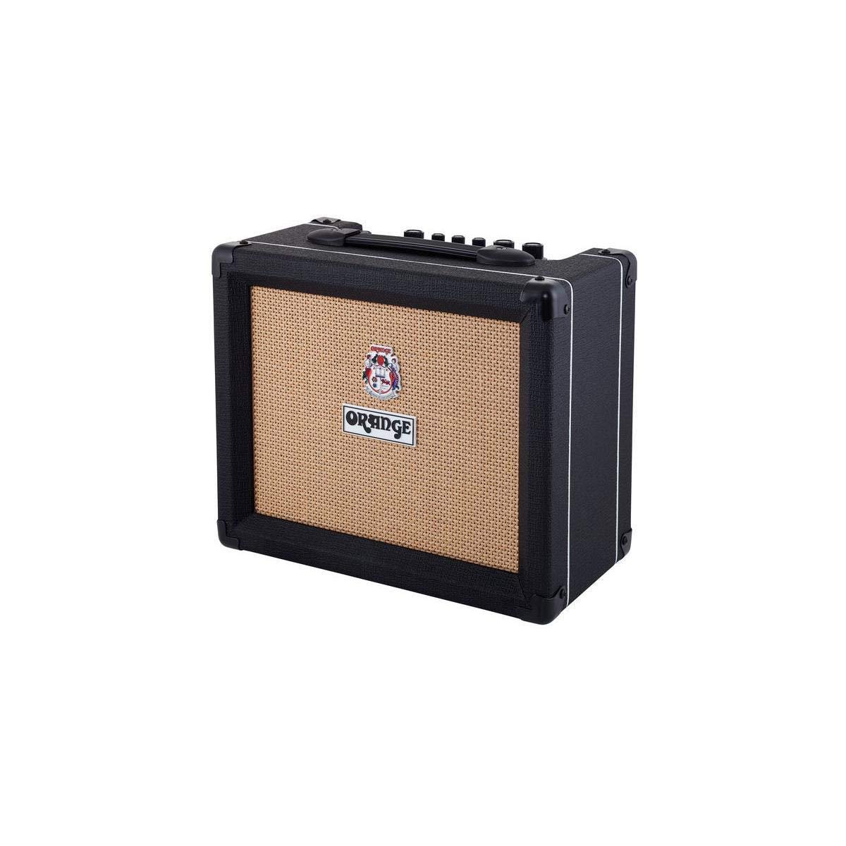 Orange guitar amplifier with black casing, tan speaker cover, and logo