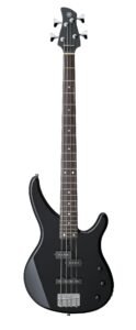 Black Yamaha bass guitar with four strings and a white background