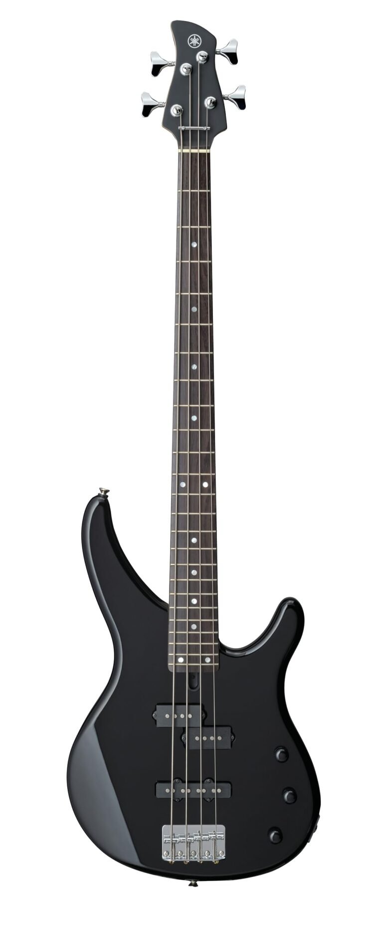 Black Yamaha bass guitar with four strings and a white background