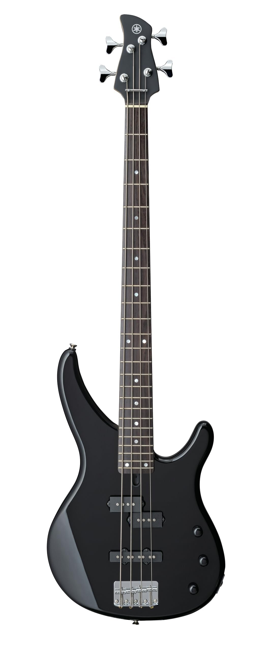 Black Yamaha bass guitar with four strings and a white background