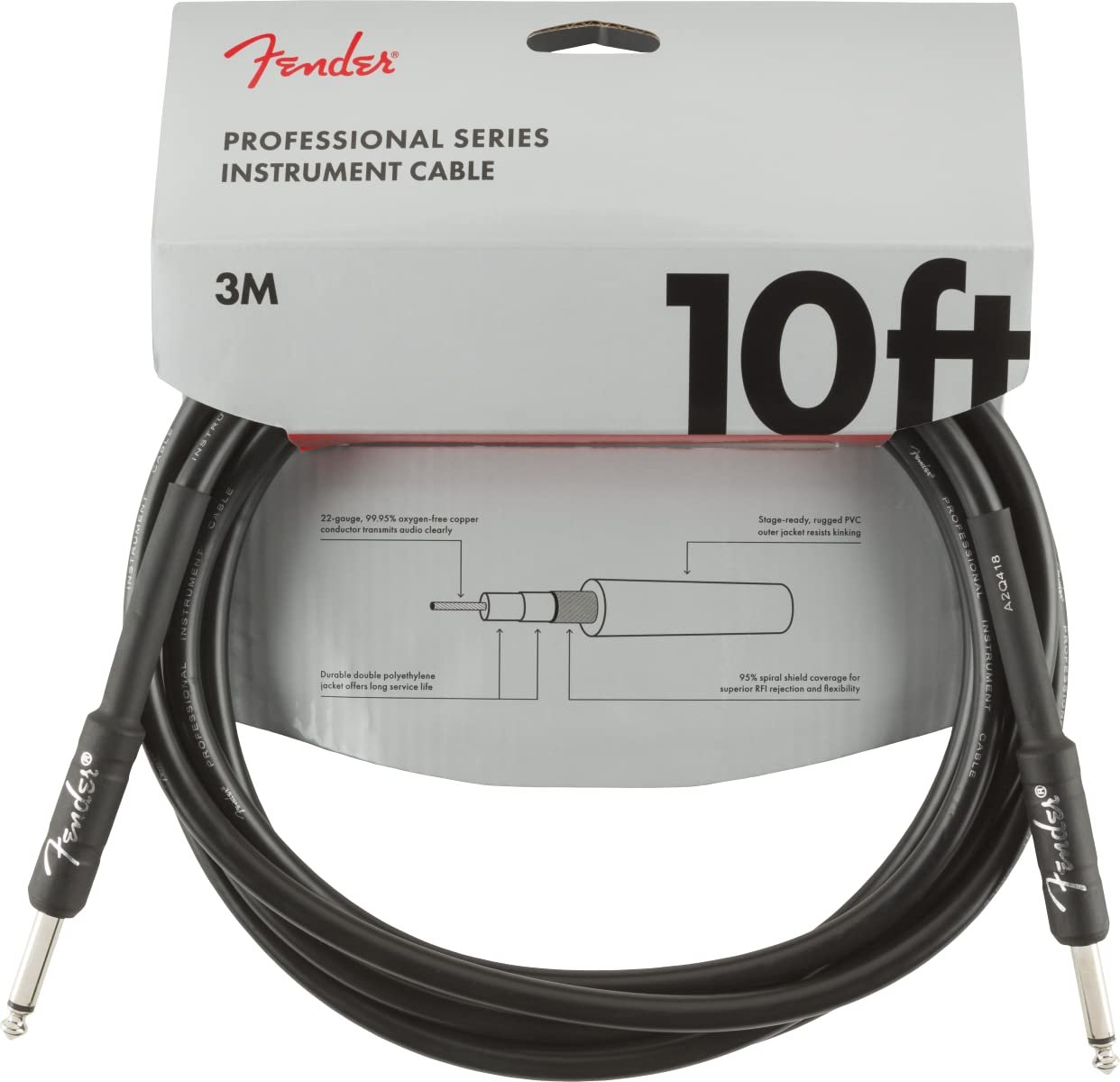 Fender Professional Series 10ft instrument cable in packaging with product details
