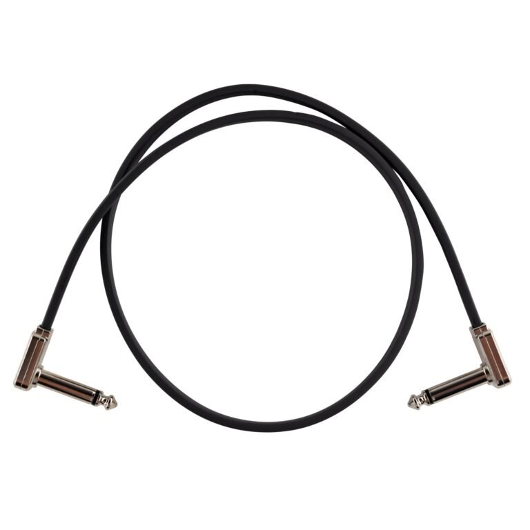 Black instrument cable with angled connectors on a white background