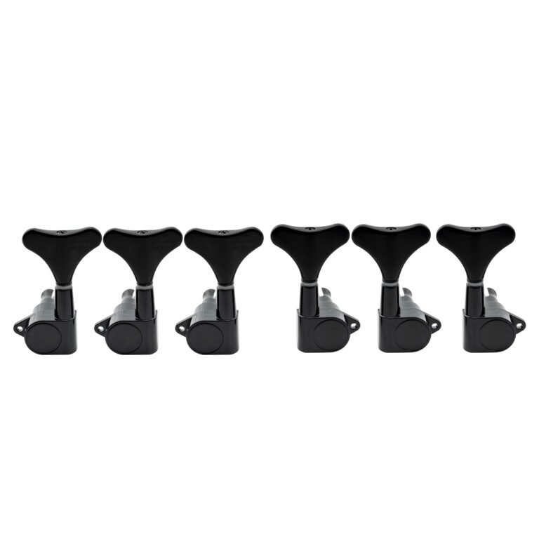Six black guitar tuning pegs in a row, isolated on white