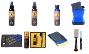 Guitar cleaning and maintenance products, including sprays, cloths, and tools