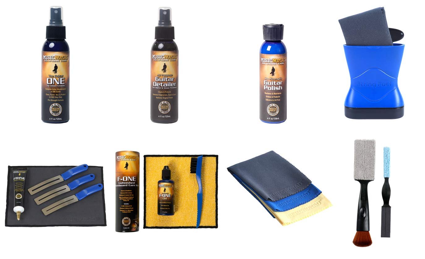Guitar cleaning and maintenance products, including sprays, cloths, and tools