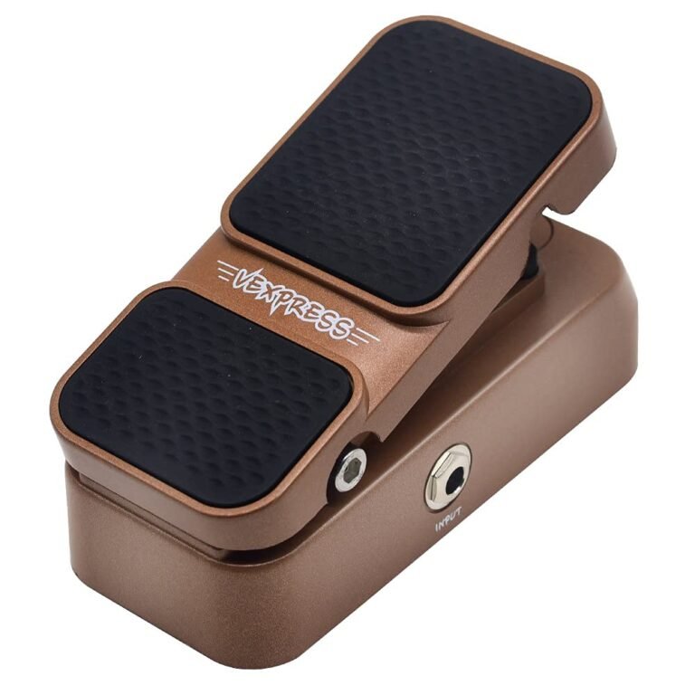 Brown Vexpress guitar effects pedal with black textured foot pads