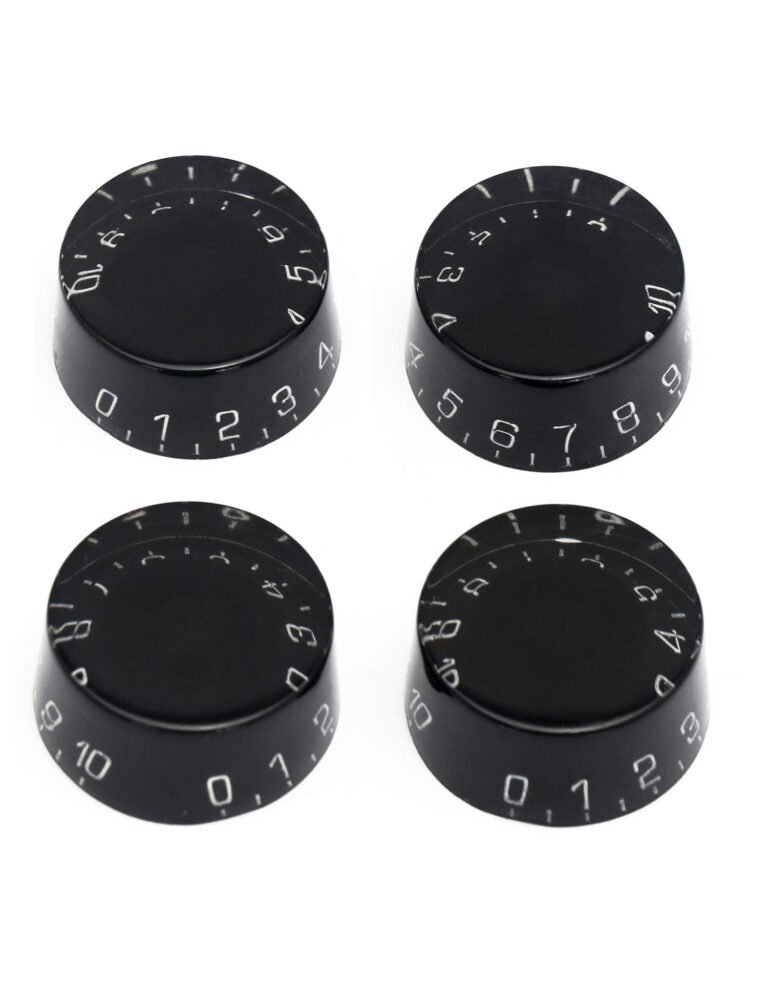 Four black guitar amplifier knobs with white numbers and markings