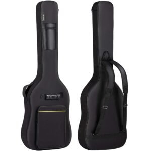 Two black guitar cases, one with a handle and pocket, the other with straps
