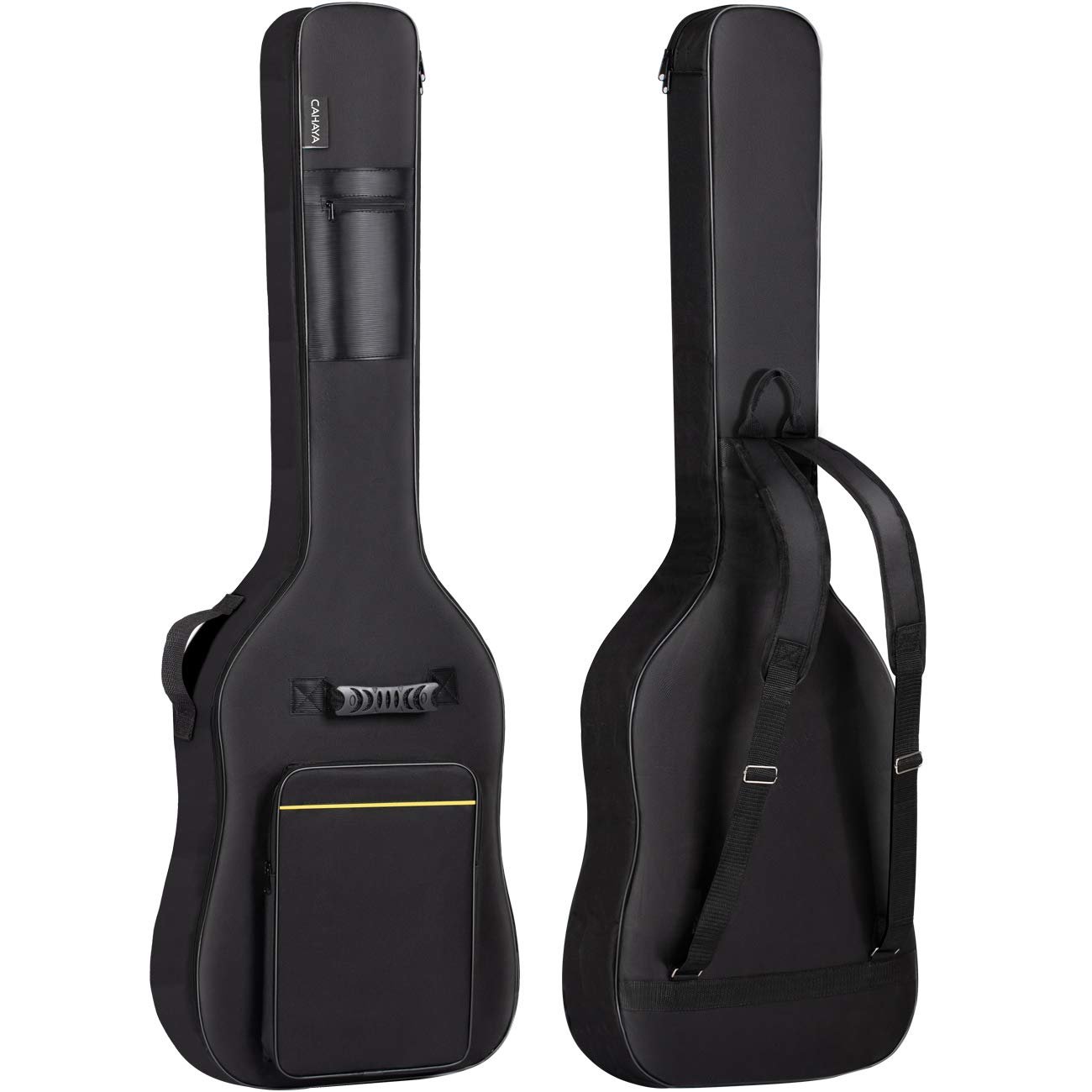 Two black guitar cases, one with a handle and pocket, the other with straps