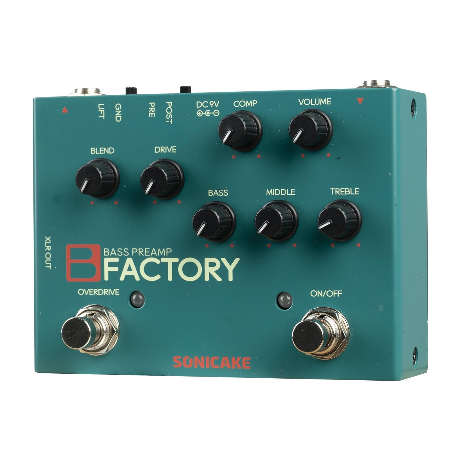 Green bass preamp pedal with knobs, footswitches, and the name "Factory"