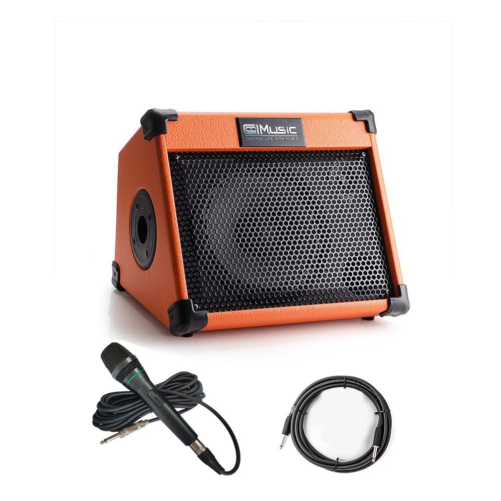 Orange speaker with microphone and cable on a white background