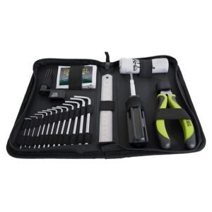 Black tool kit with various tools, including Allen wrenches and pliers