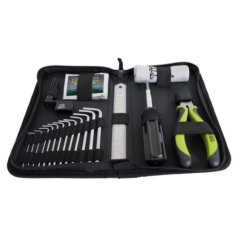 Black tool kit with various tools, including Allen wrenches and pliers