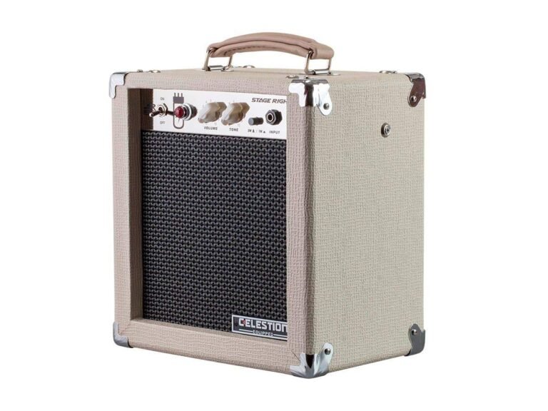 Beige guitar amplifier with handle, controls, and speaker grill