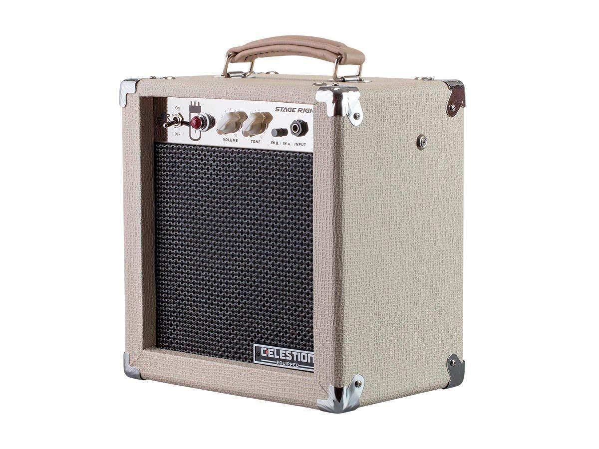 Beige guitar amplifier with handle, controls, and speaker grill