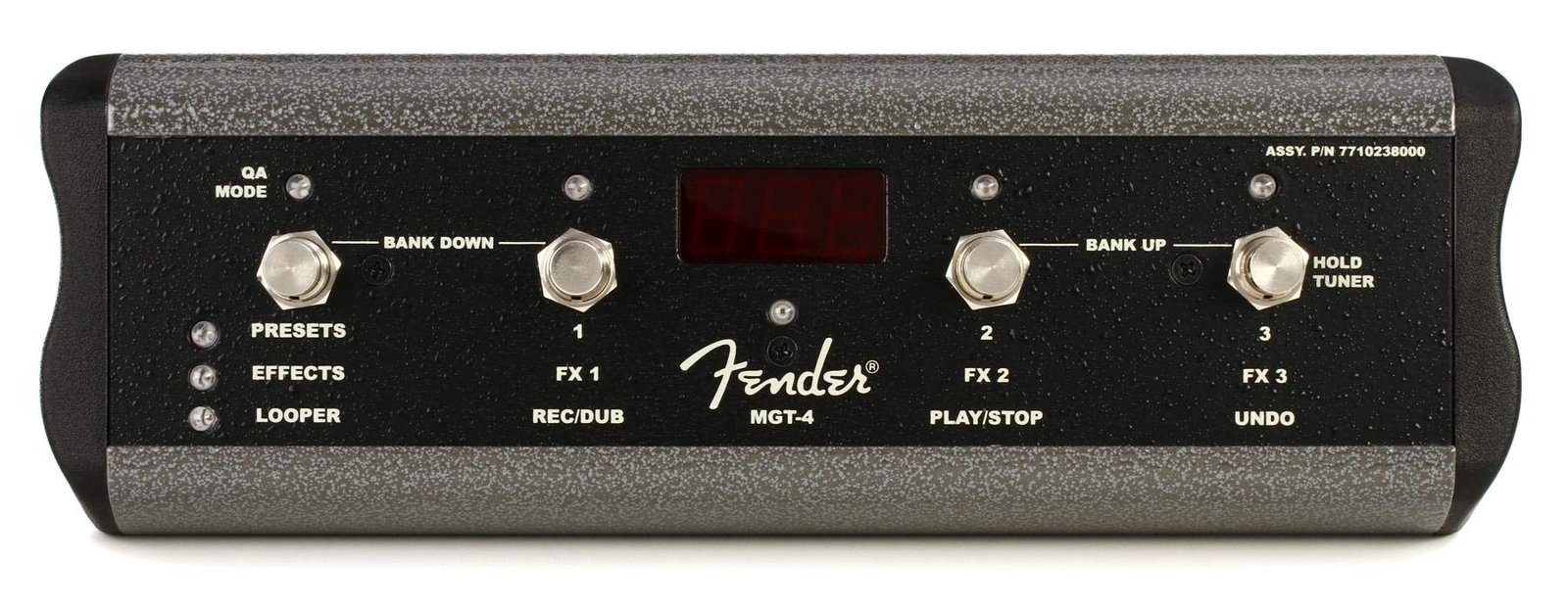 Fender MGT-4 guitar effects pedal with buttons, display, and various functions