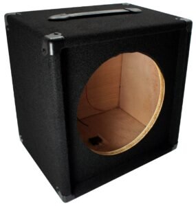 Black speaker cabinet with a circular opening and handle on top