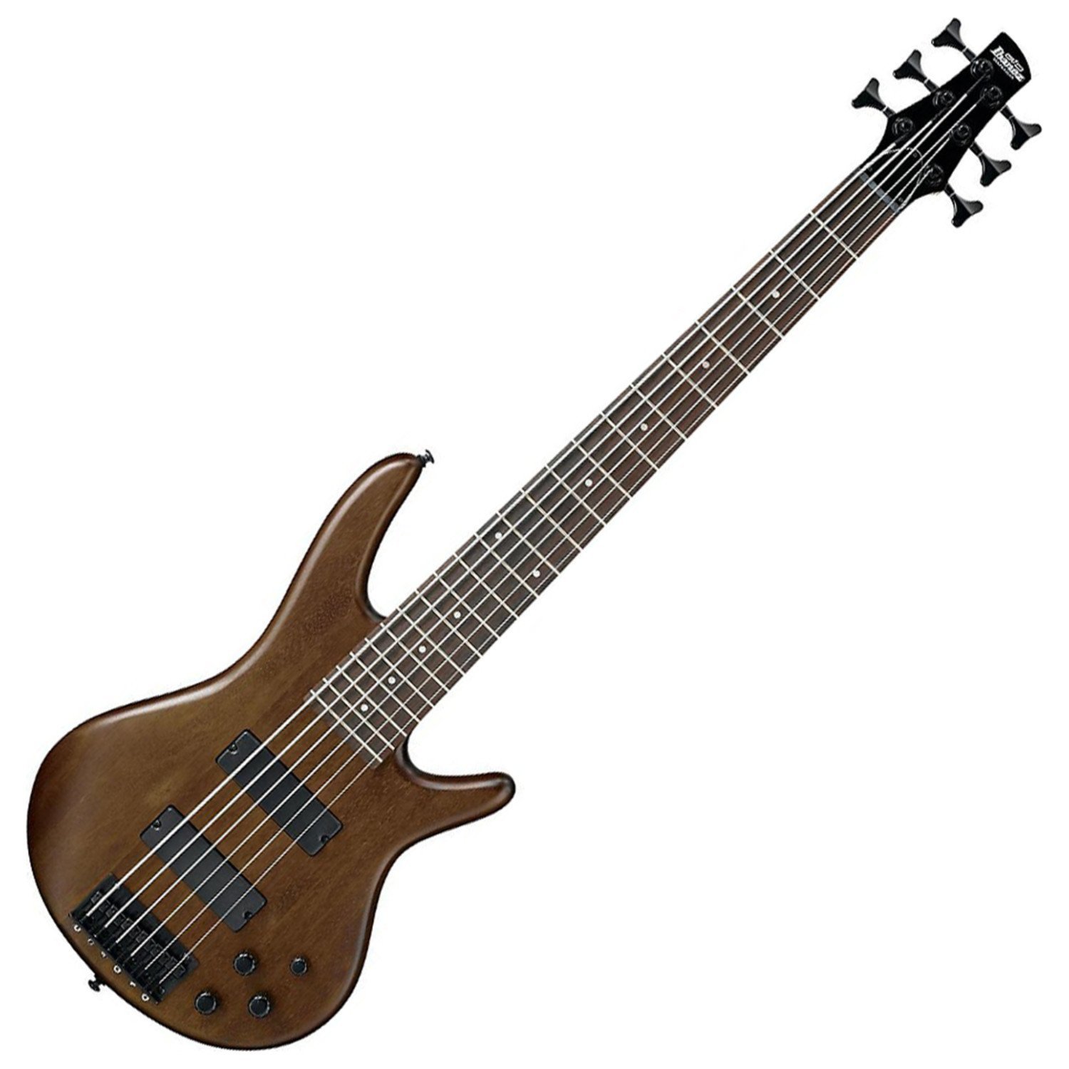 Brown Ibanez 5-string electric bass guitar, isolated on a white background