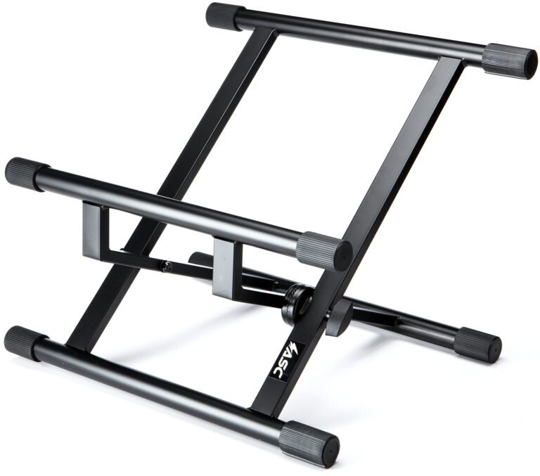 Black metal keyboard stand with adjustable height and rubber feet