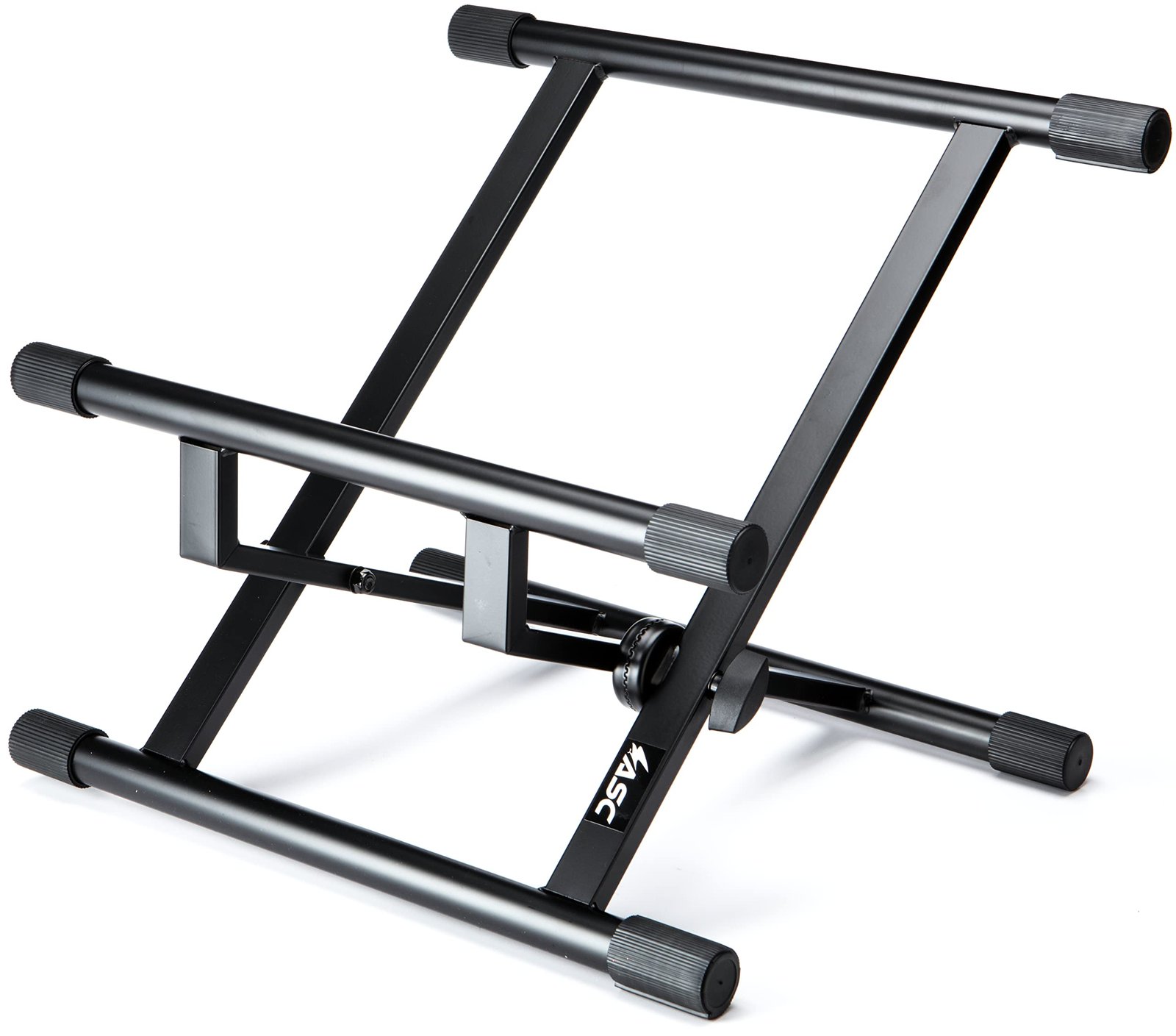 Black metal keyboard stand with adjustable height and rubber feet