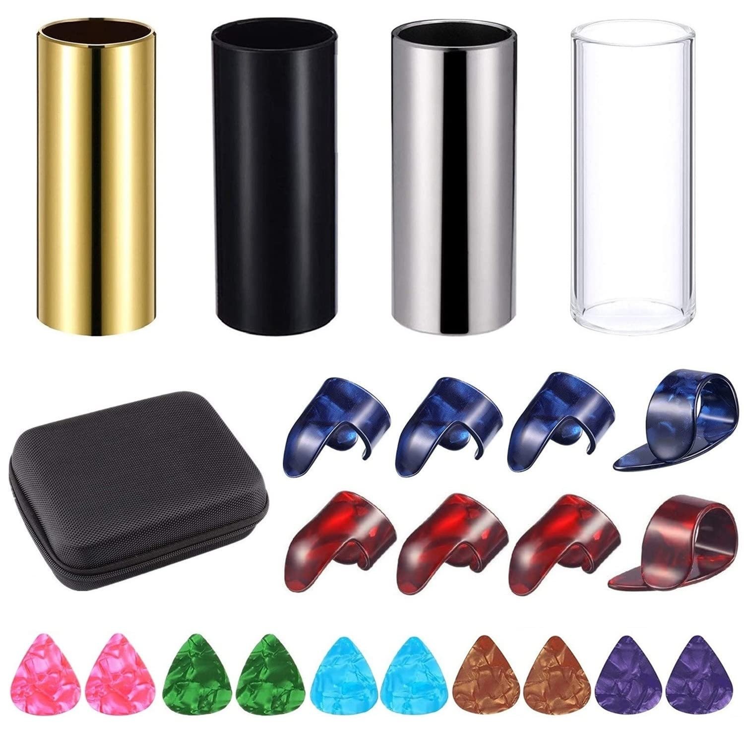 Guitar slides, finger picks, and guitar picks in various colors and a case