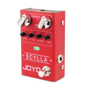 Red Joyo Scylla guitar pedal with knobs, inputs, and outputs