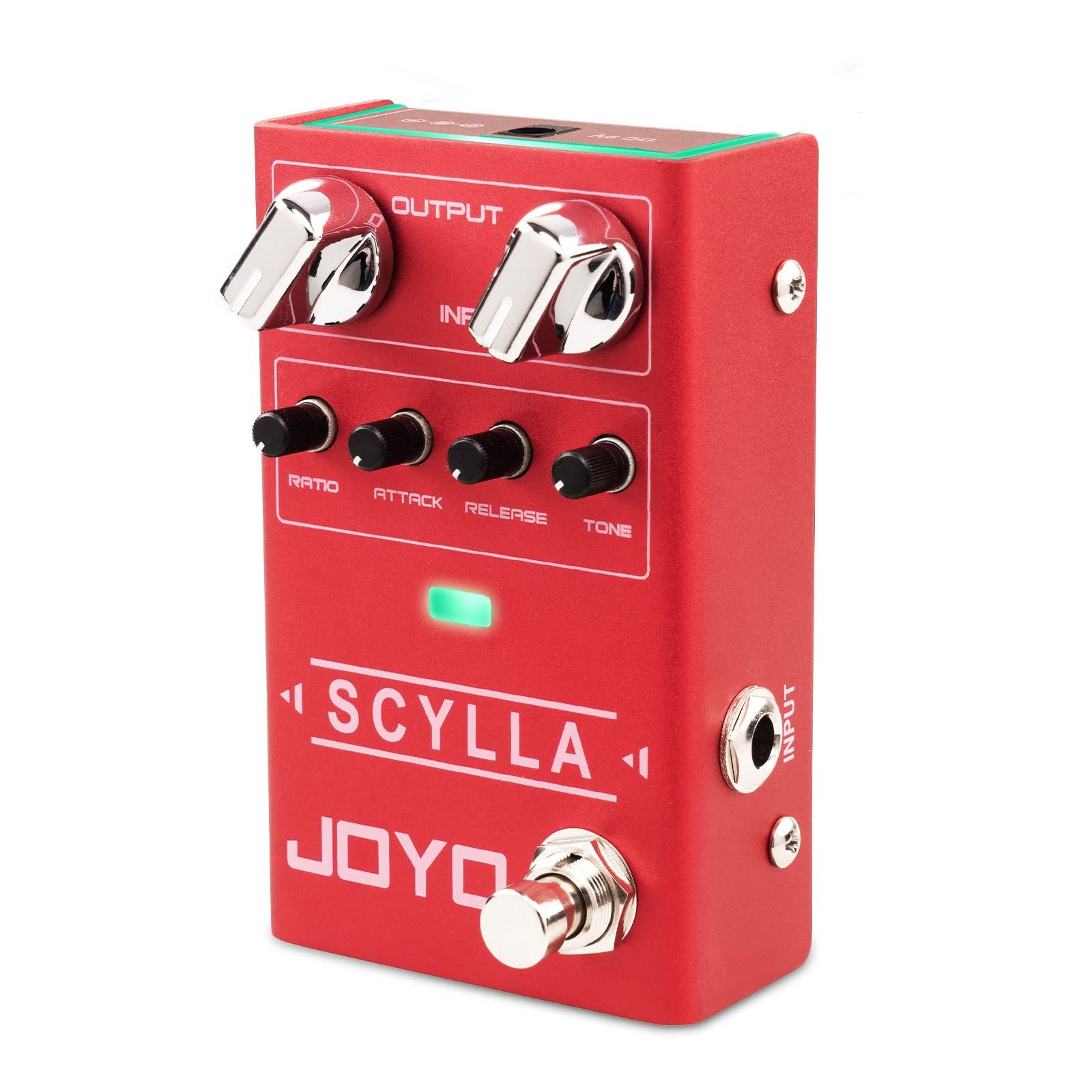 Red Joyo Scylla guitar pedal with knobs, inputs, and outputs