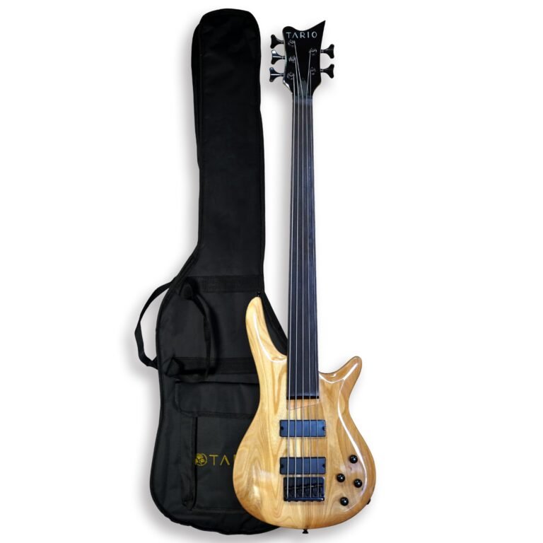 Tario bass guitar with black case on a white background